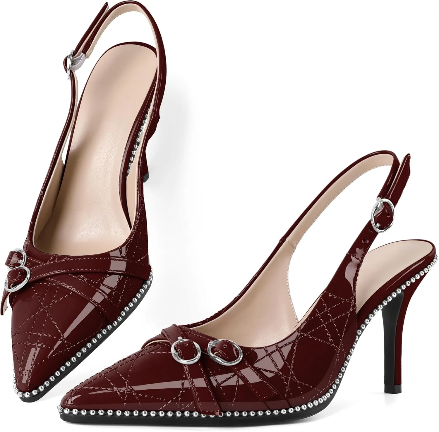 Soireelady Women Slingback Heels Pointed Toe High Stiletto Heels Pumps Buckle Strap Embroidery Fashion Dress Shoes 3.5 Inch