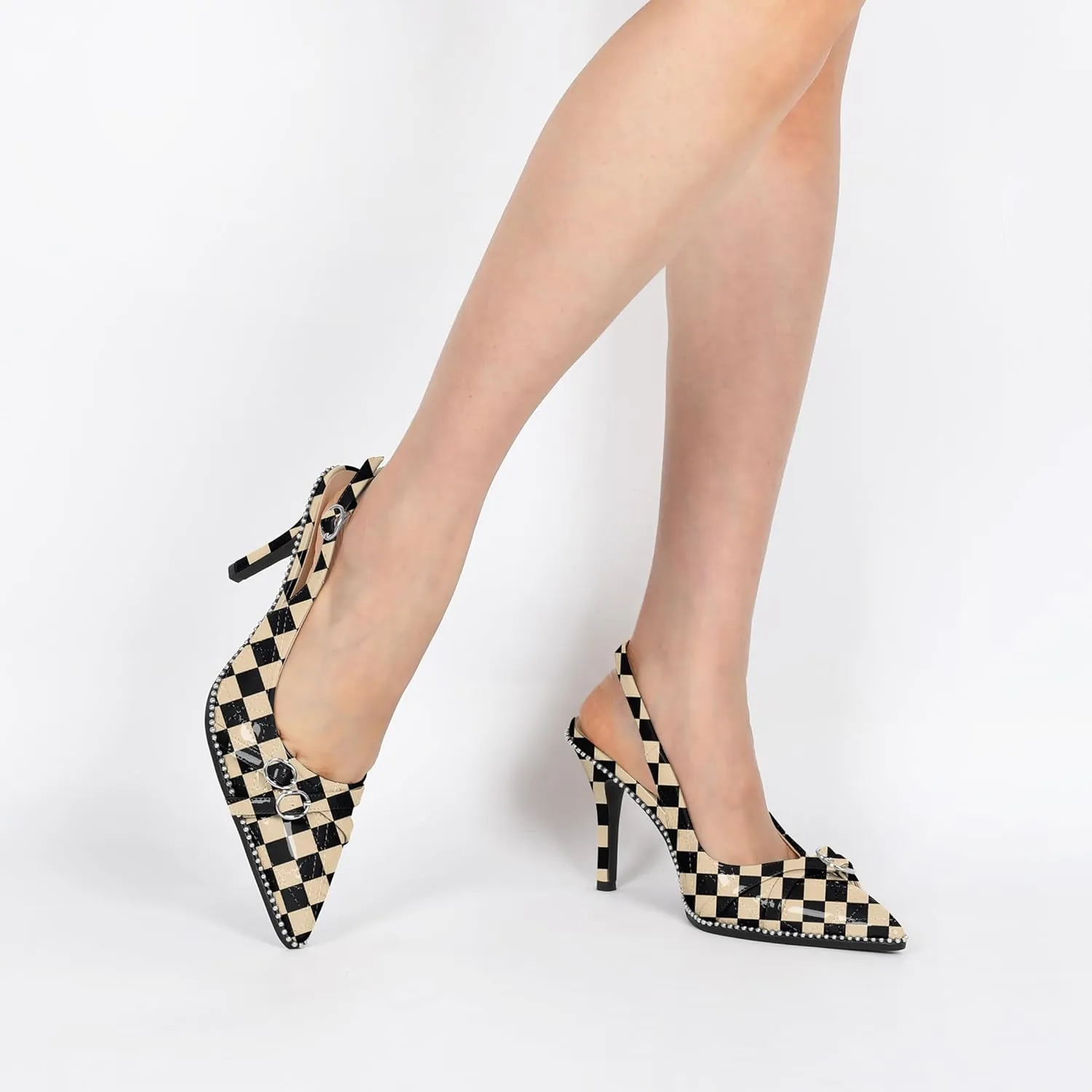Soireelady Women Slingback Heels Pointed Toe High Stiletto Heels Pumps Buckle Strap Embroidery Fashion Dress Shoes 3.5 Inch