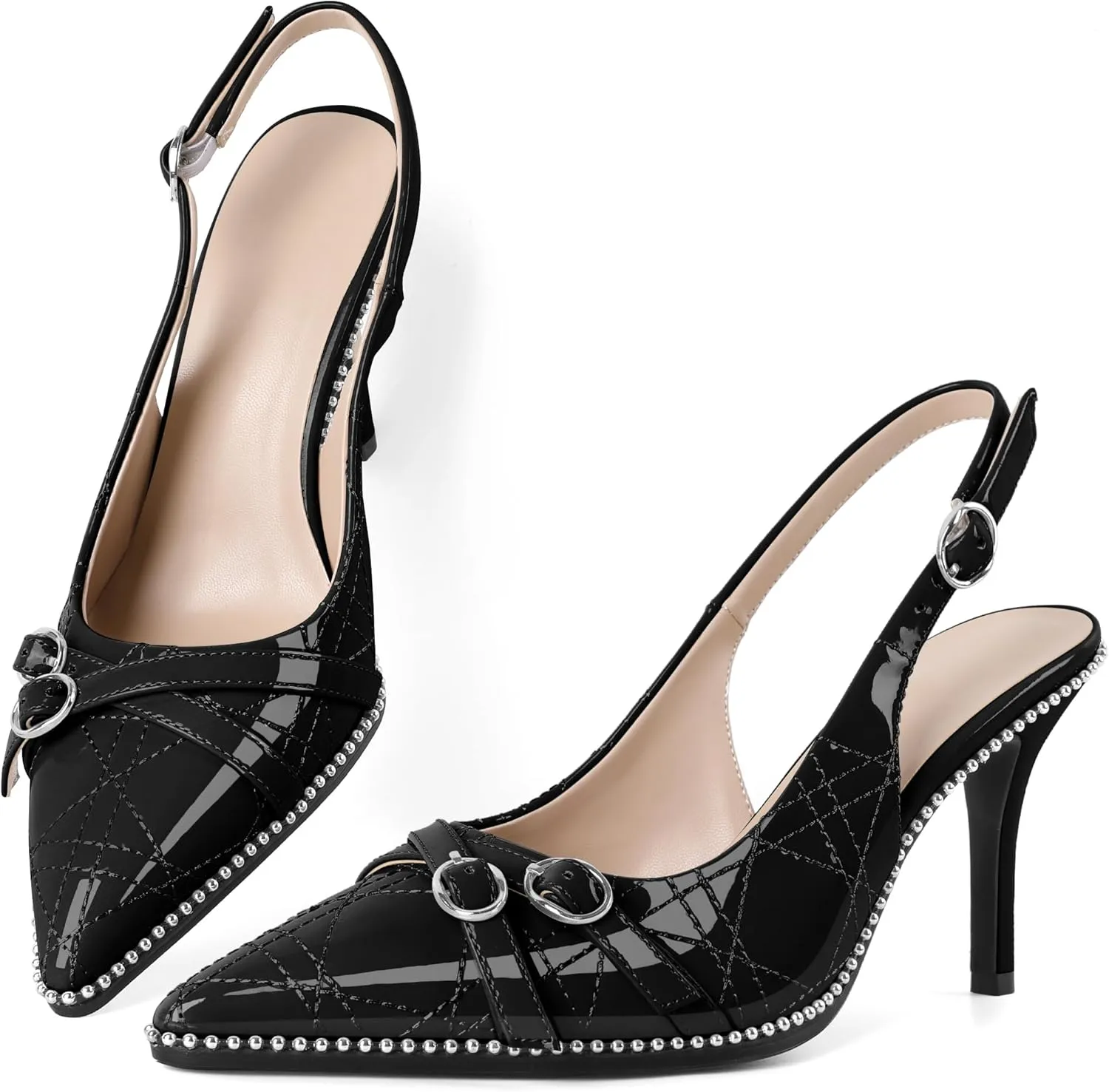 Soireelady Women Slingback Heels Pointed Toe High Stiletto Heels Pumps Buckle Strap Embroidery Fashion Dress Shoes 3.5 Inch