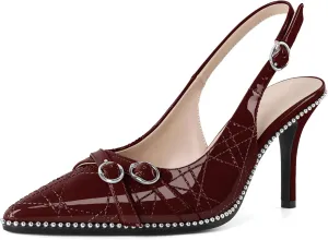 Soireelady Women Slingback Heels Pointed Toe High Stiletto Heels Pumps Buckle Strap Embroidery Fashion Dress Shoes 3.5 Inch