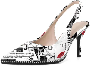 Soireelady Women Slingback Heels Pointed Toe High Stiletto Heels Pumps Buckle Strap Embroidery Fashion Dress Shoes 3.5 Inch