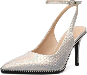 Soireelady Women's Slingback Heels Ankle Strap Pointed Toe Stilettos High Heel Beaded Pumps Dress Shoes 3.5 Inches