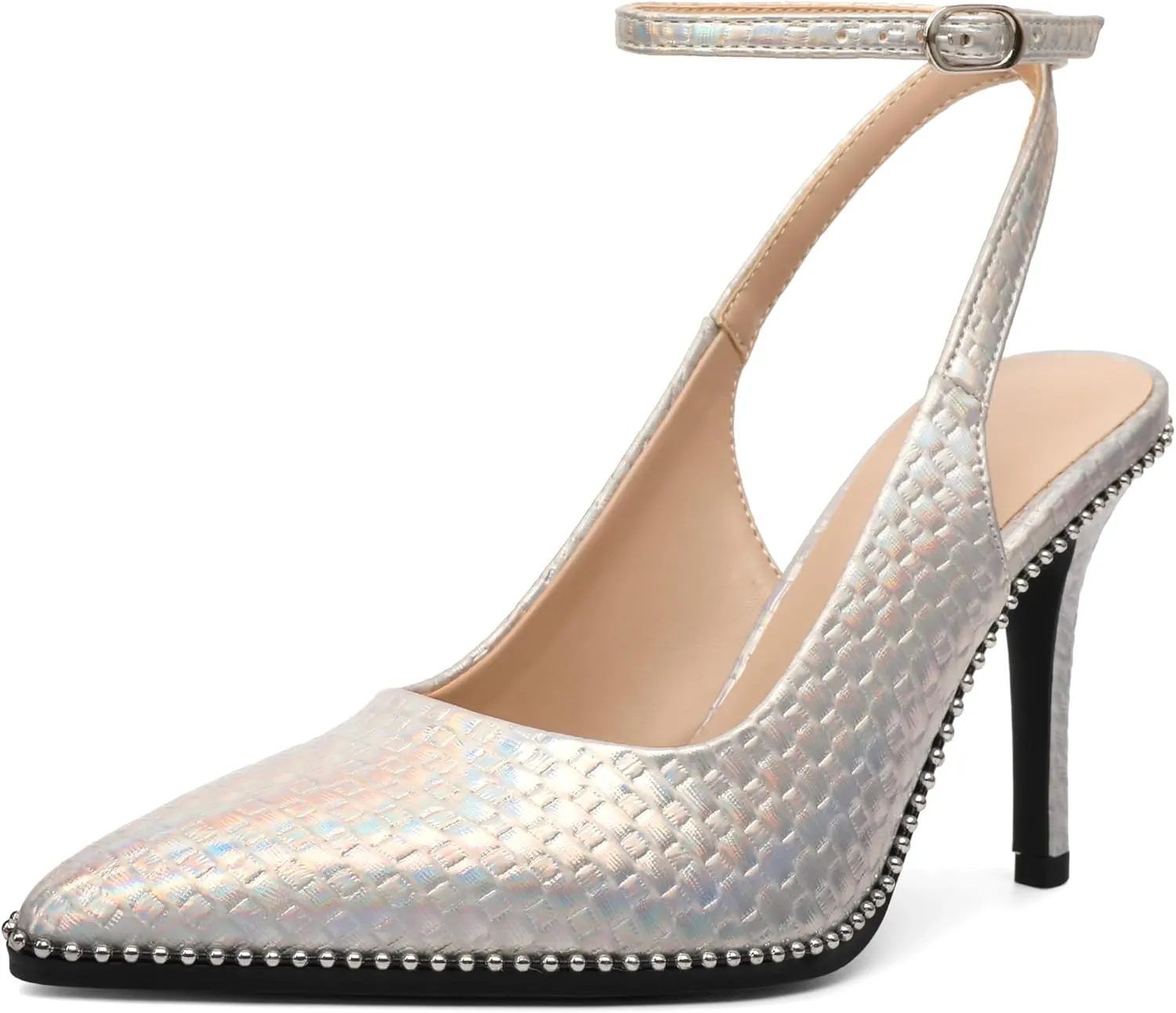 Soireelady Women's Slingback Heels Ankle Strap Pointed Toe Stilettos High Heel Beaded Pumps Dress Shoes 3.5 Inches