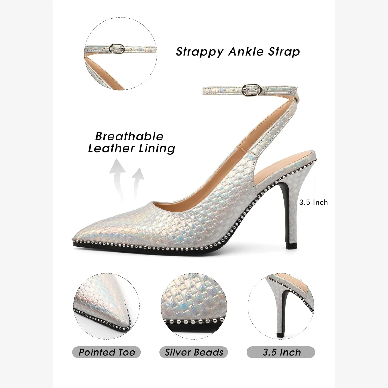 Soireelady Women's Slingback Heels Ankle Strap Pointed Toe Stilettos High Heel Beaded Pumps Dress Shoes 3.5 Inches