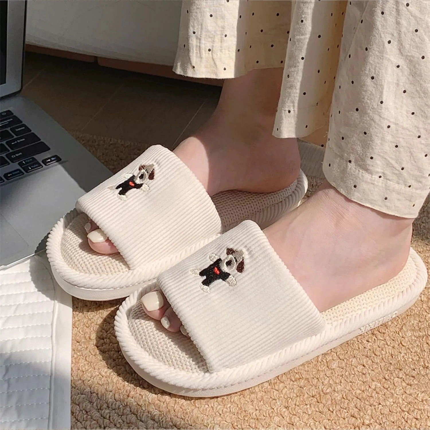 Spring Summer House Slippers for Women's and Men's, Corduroy Fabric Casual Mute Cotton Flax slide, Non-Slip Open Toe Home Shoes, Indoor and Outdoor
