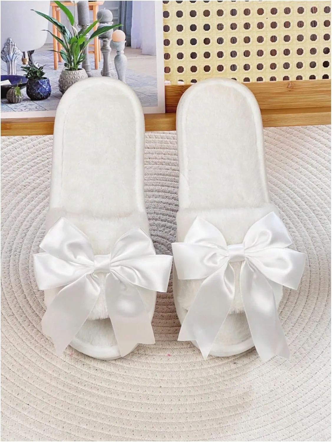 Verdusa Women's 3D Bow Plush Fuzzy Slippers Open Toe Warm Indoor Bride Wedding Slippers