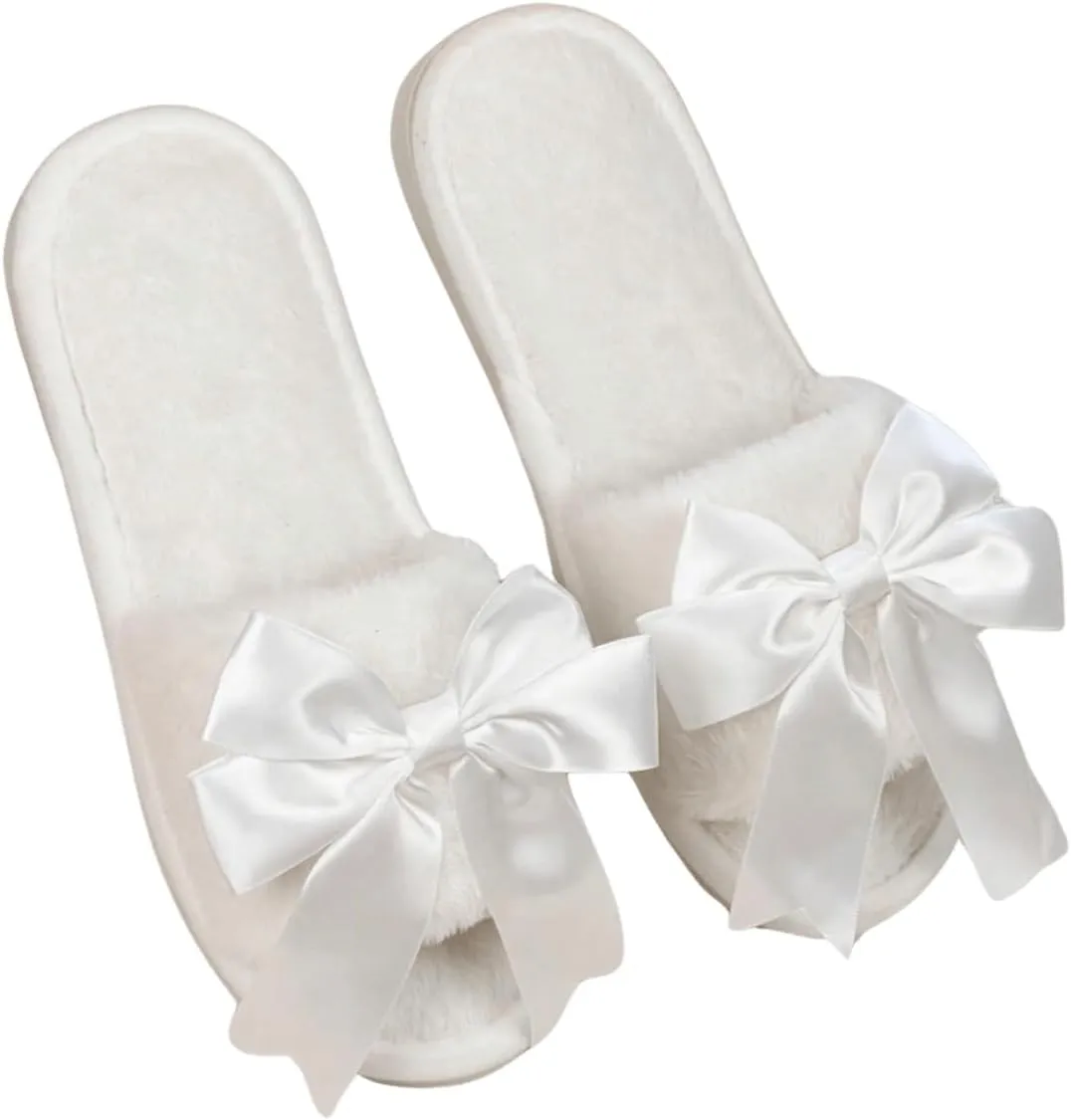 Verdusa Women's 3D Bow Plush Fuzzy Slippers Open Toe Warm Indoor Bride Wedding Slippers