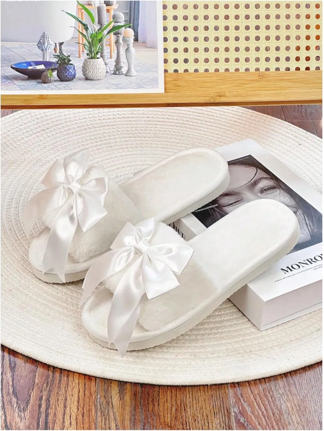 Verdusa Women's 3D Bow Plush Fuzzy Slippers Open Toe Warm Indoor Bride Wedding Slippers