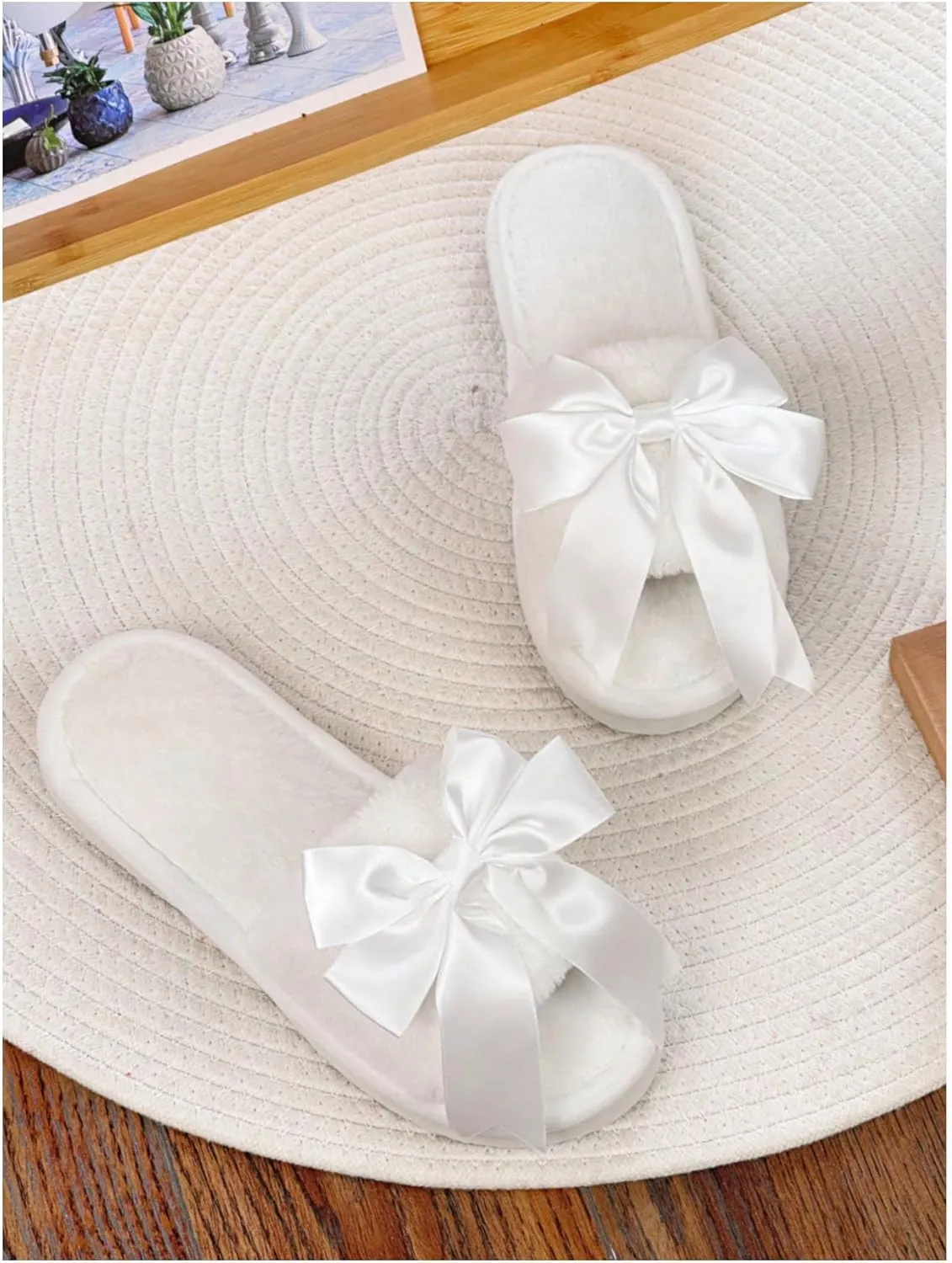 Verdusa Women's 3D Bow Plush Fuzzy Slippers Open Toe Warm Indoor Bride Wedding Slippers