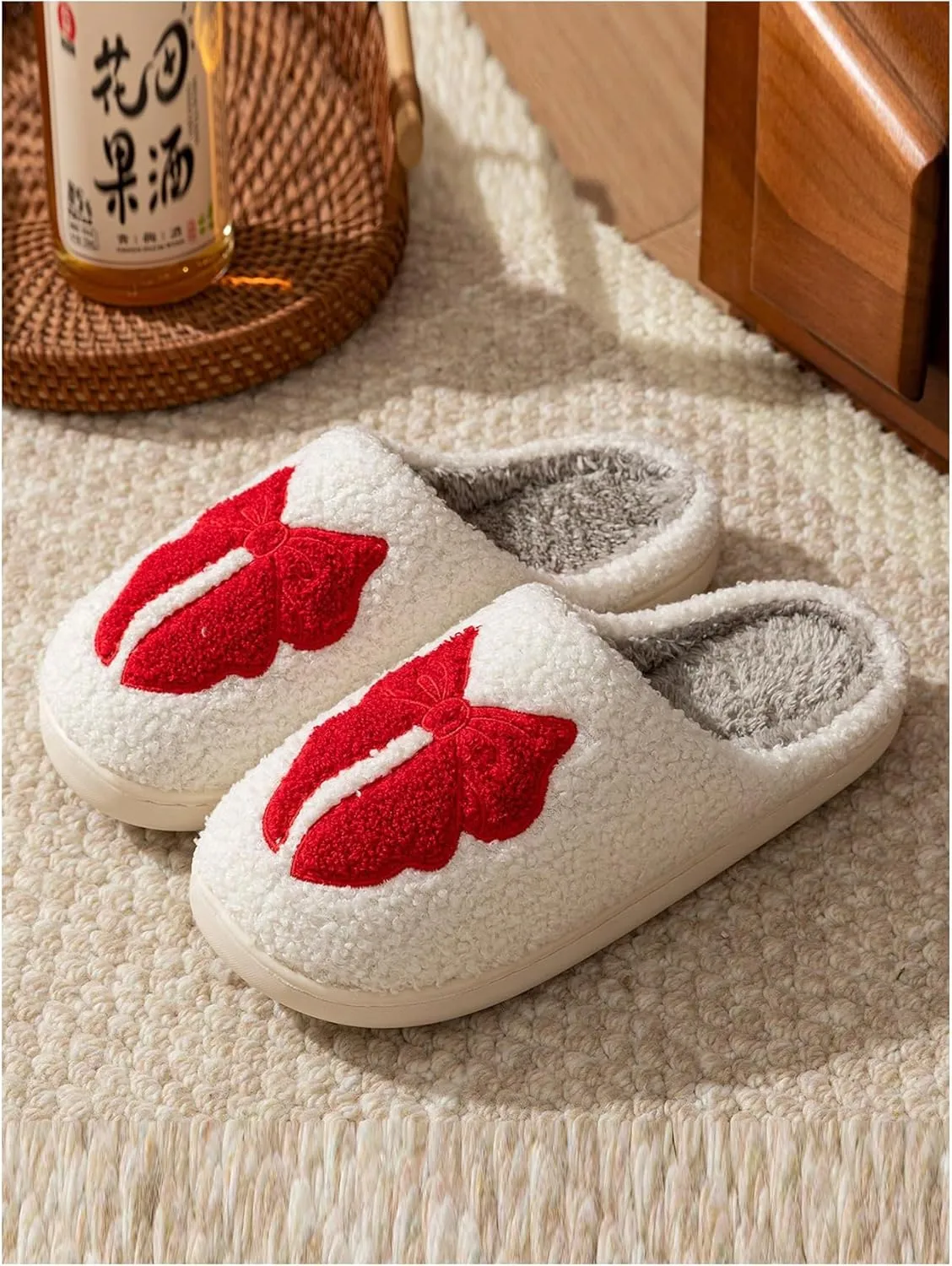 Verdusa Women's Bow Fuzzy Bedroom Slippers Warm Indoor Home Slipper Shoes