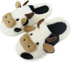 Women Cute Animal Cow Slippers - Cartoon Indoor Outdoor Man Cotton House Fuzzy Comfortable Slides