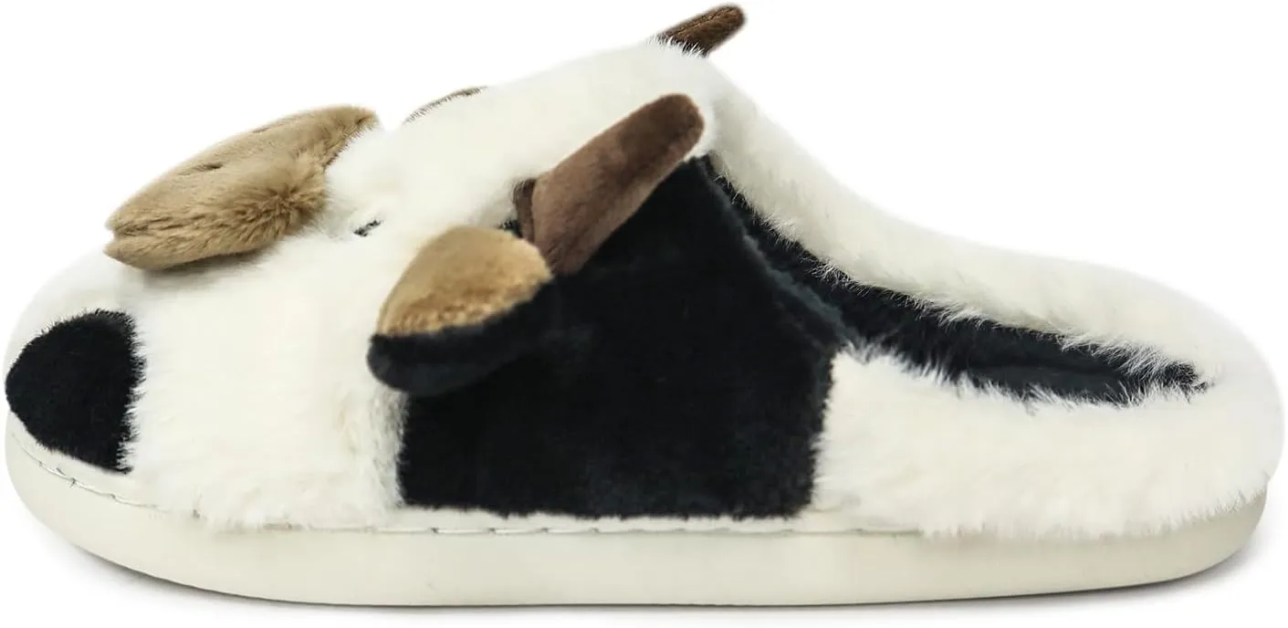 Women Cute Animal Cow Slippers - Cartoon Indoor Outdoor Man Cotton House Fuzzy Comfortable Slides