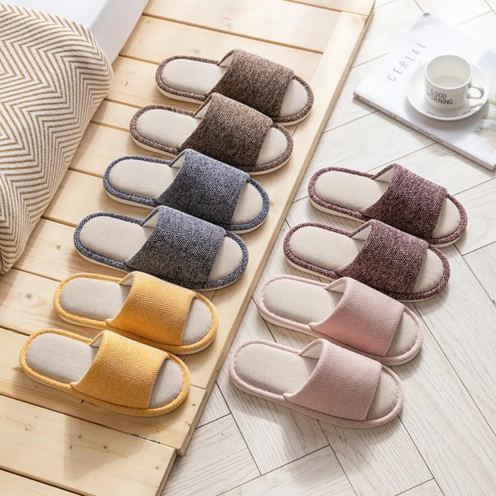 Women House Slippers Mens Bedroom Indoor ShoesLinen Fabric Slippers Soft Non-Slip Shoes Open-Toe Home Shoes