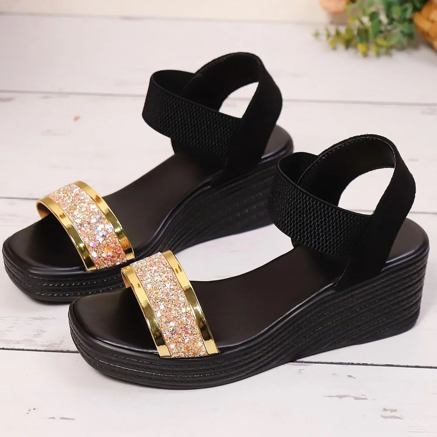 Women Sandals Comfortable Dressy Open Toe Comfort Platform Wedges Shoes with Rhinestone Strap Beach Boho Shoes