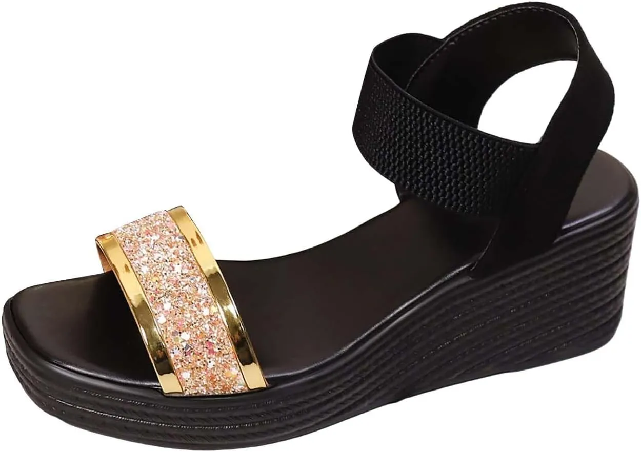Women Sandals Comfortable Dressy Open Toe Comfort Platform Wedges Shoes with Rhinestone Strap Beach Boho Shoes