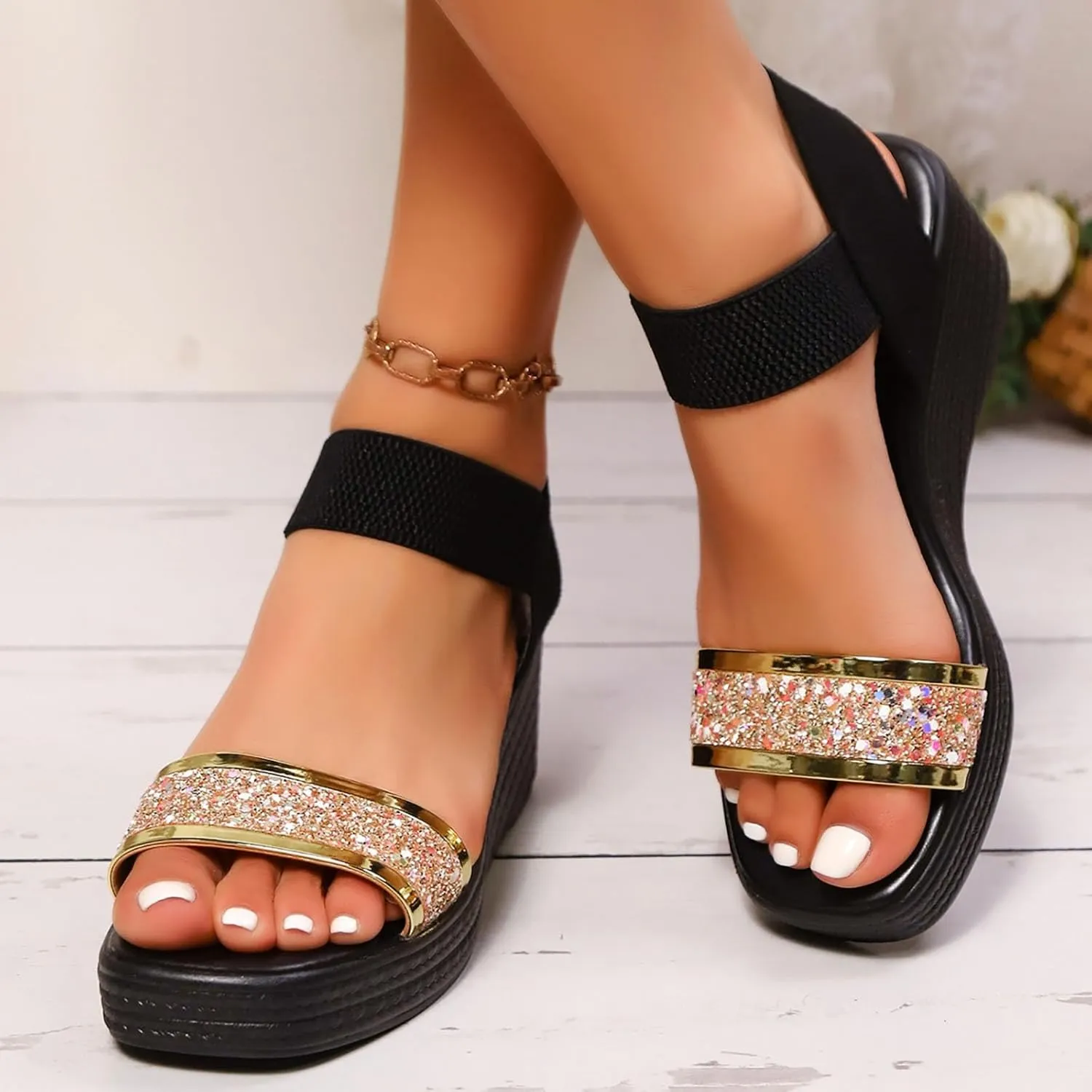 Women Sandals Comfortable Dressy Open Toe Comfort Platform Wedges Shoes with Rhinestone Strap Beach Boho Shoes