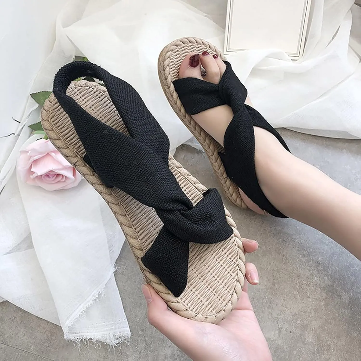 Women Summer Solid Canvas Slip On Casual Open Toe Flat Soft Bottom Breathable Shoes Sandals Women Sandals