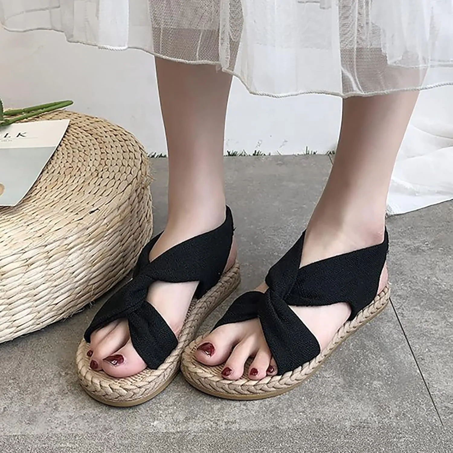 Women Summer Solid Canvas Slip On Casual Open Toe Flat Soft Bottom Breathable Shoes Sandals Women Sandals
