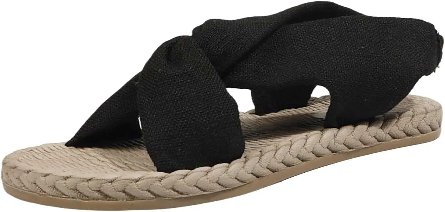 Women Summer Solid Canvas Slip On Casual Open Toe Flat Soft Bottom Breathable Shoes Sandals Women Sandals