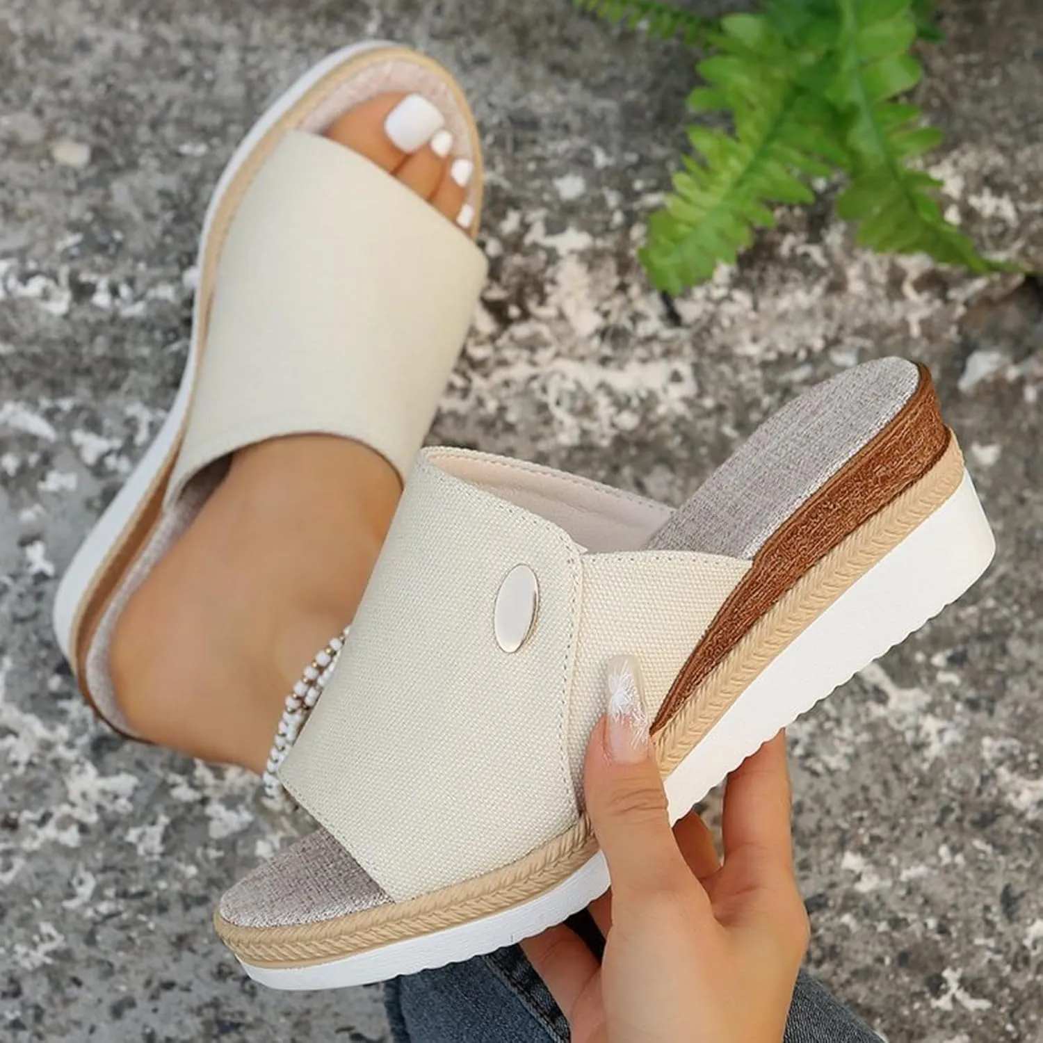 Women Wedge Sandals Slip-on Espadrille Bohemia Platform Sandals Comfort Dressy Summer Open Toe Canvas Slides Outdoor Walking Beach