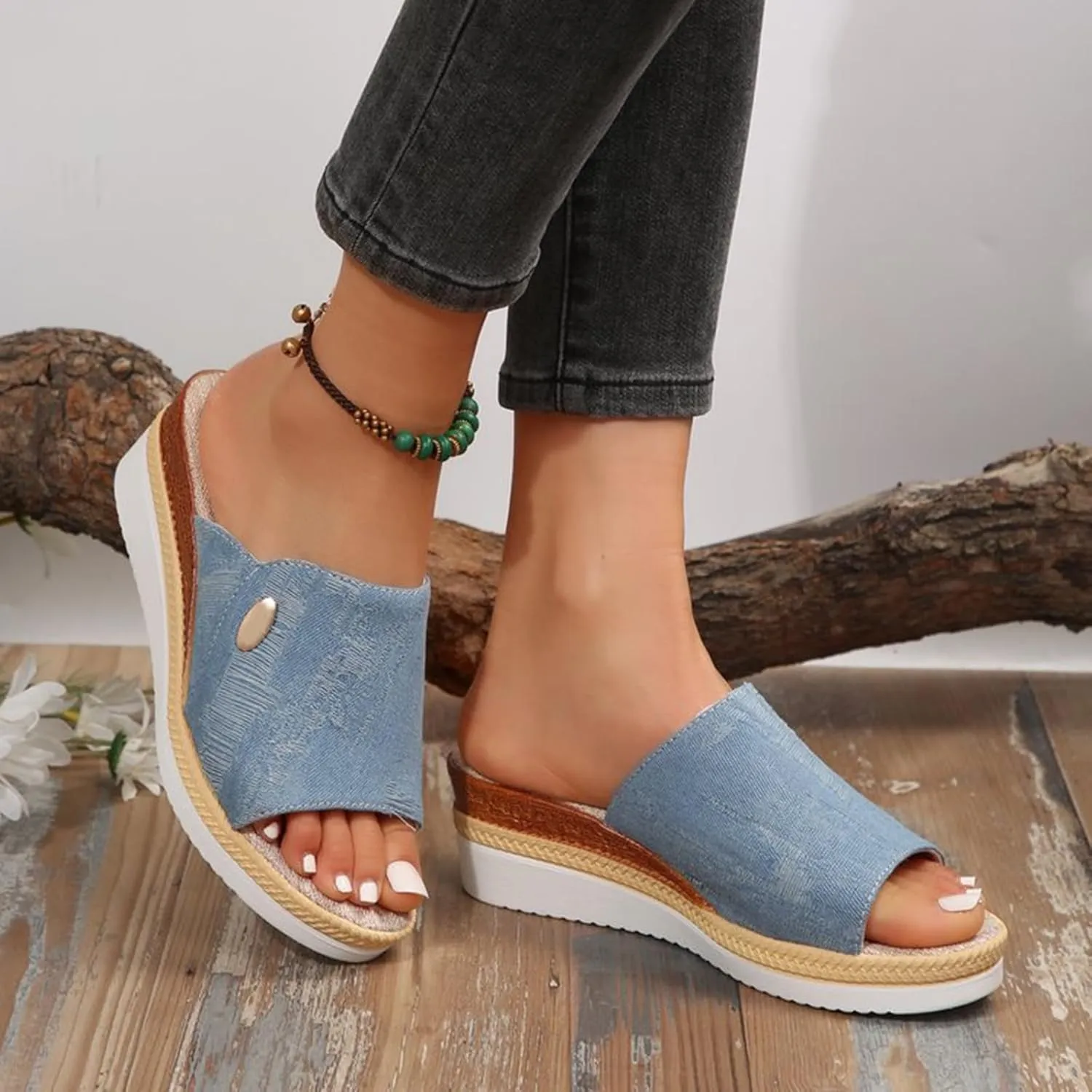 Women Wedge Sandals Slip-on Espadrille Bohemia Platform Sandals Comfort Dressy Summer Open Toe Canvas Slides Outdoor Walking Beach