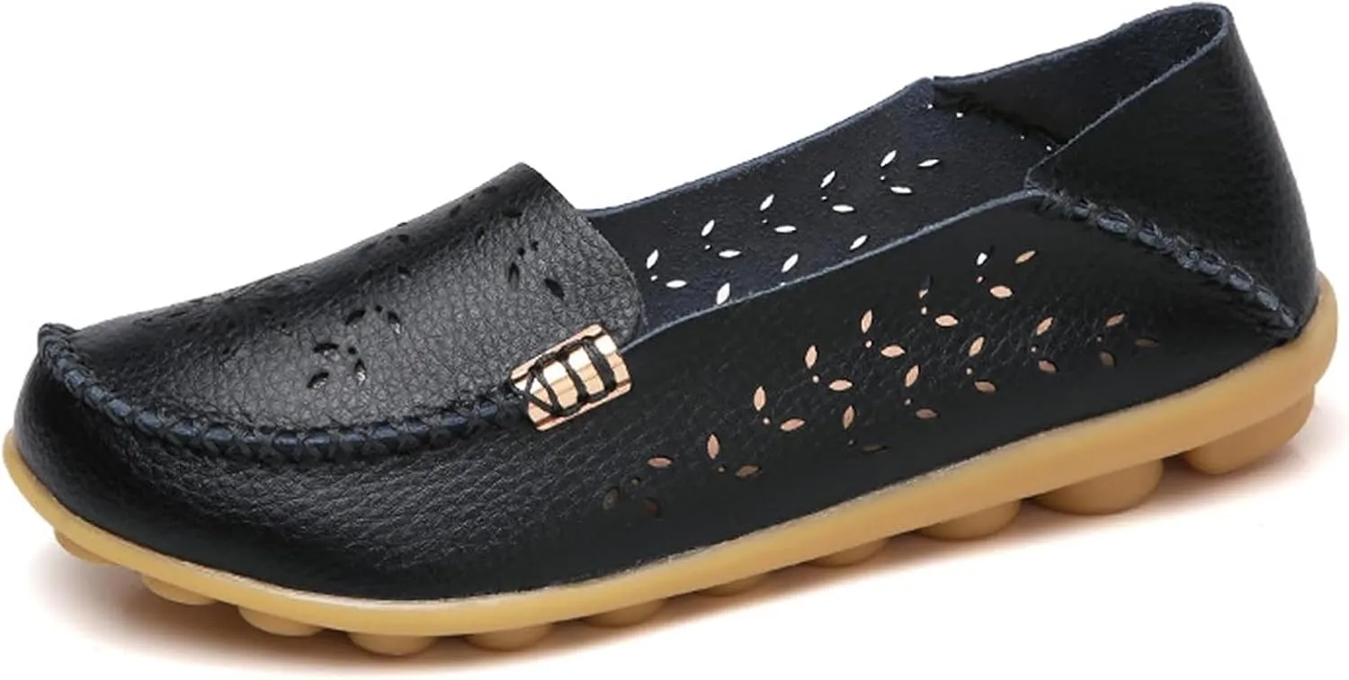 Womens Boat Shoes Casual Breathable Loafers for Walking Slip On Nurse Shoes Comfortable Flat Sandals Hollow Out Faux Leather Summer Shoe for All Day Wear