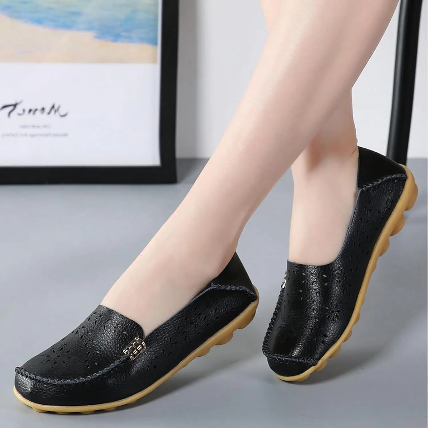 Womens Boat Shoes Casual Breathable Loafers for Walking Slip On Nurse Shoes Comfortable Flat Sandals Hollow Out Faux Leather Summer Shoe for All Day Wear