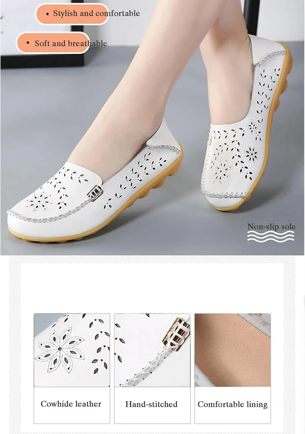 Womens Boat Shoes Casual Breathable Loafers for Walking Slip On Nurse Shoes Comfortable Flat Sandals Hollow Out Faux Leather Summer Shoe for All Day Wear