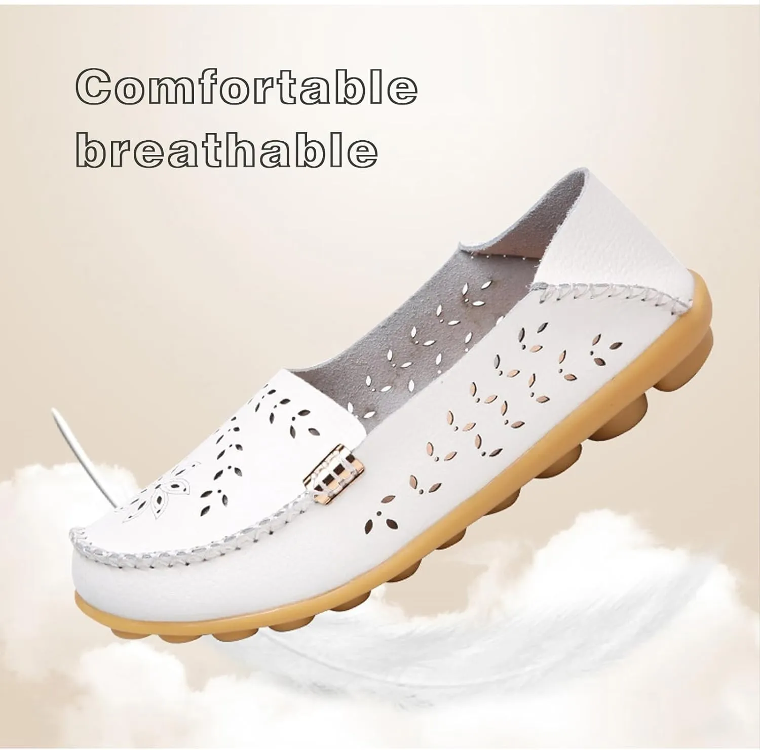 Womens Boat Shoes Casual Breathable Loafers for Walking Slip On Nurse Shoes Comfortable Flat Sandals Hollow Out Faux Leather Summer Shoe for All Day Wear