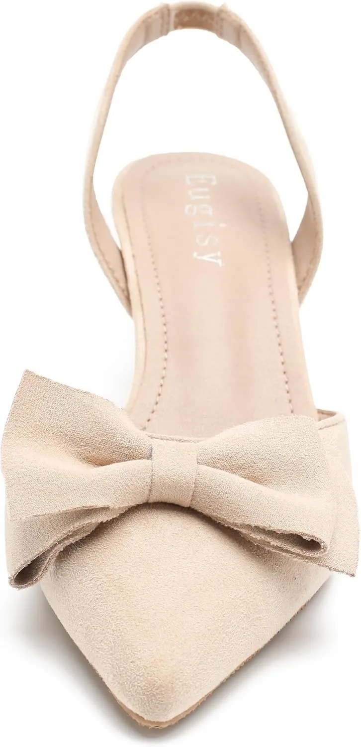 Women's Bow Slingback Heels Kitten Pumps Slip On Closed Pinted Toe Low Heels D'Orsay Comfortable Elegant Dress Wedding Party Shoes