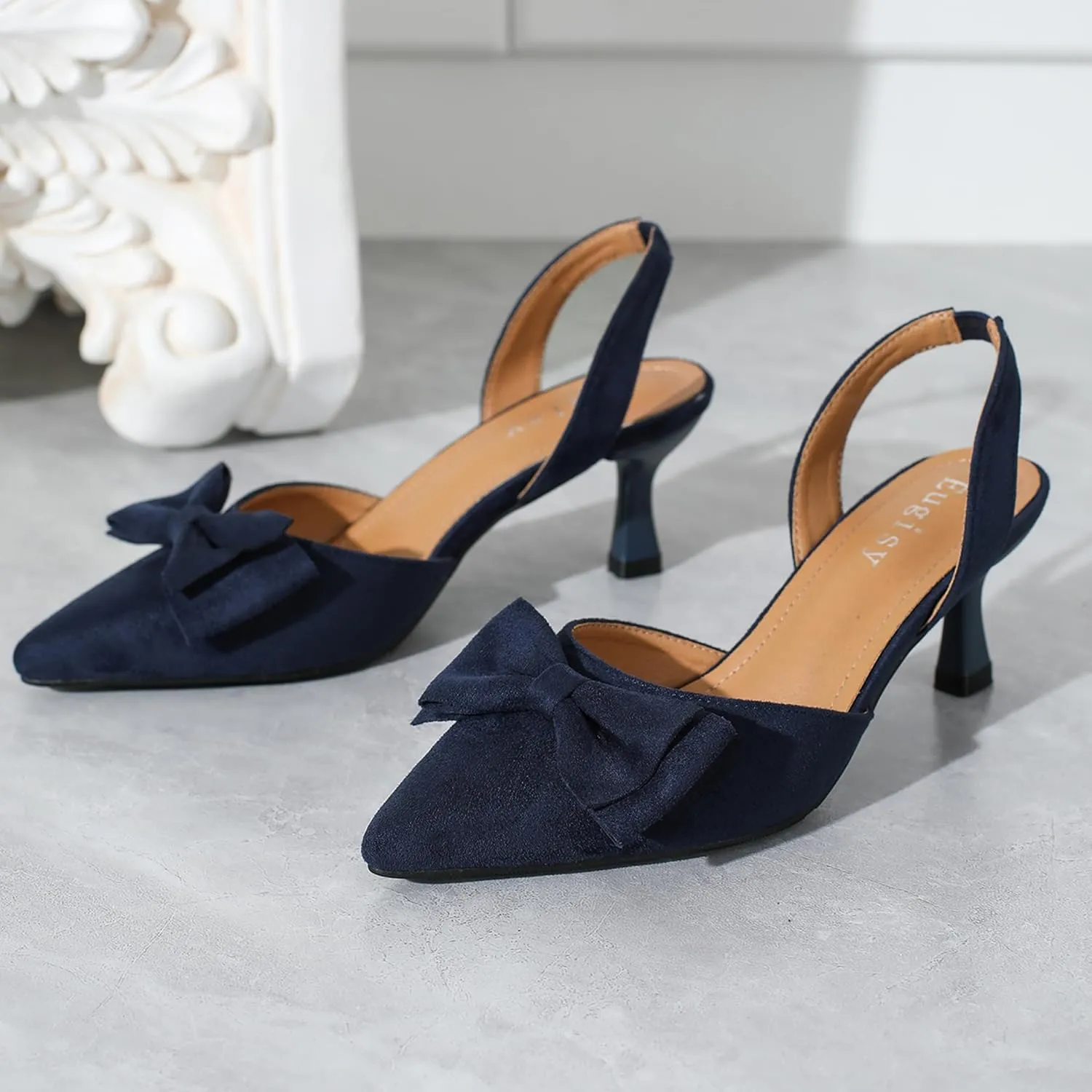 Women's Bow Slingback Heels Kitten Pumps Slip On Closed Pinted Toe Low Heels D'Orsay Comfortable Elegant Dress Wedding Party Shoes