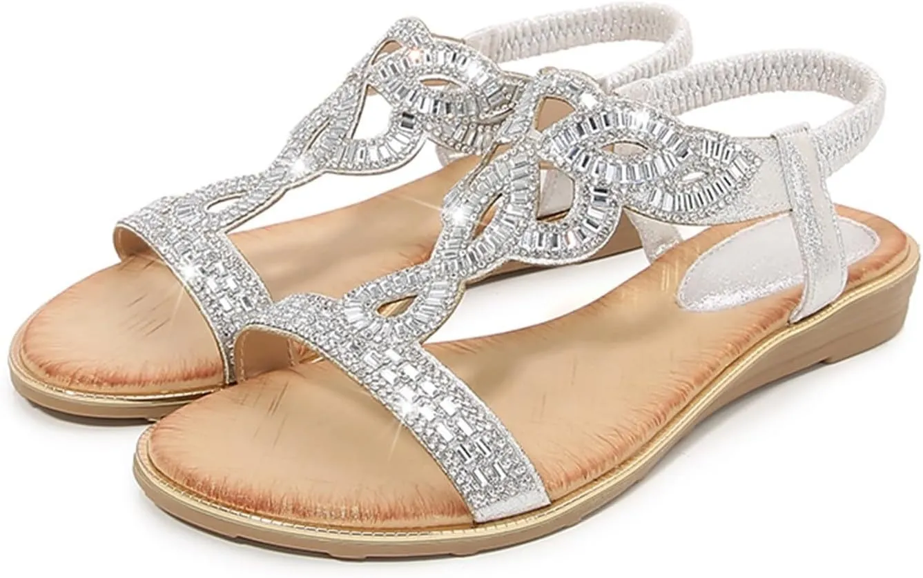 Women's Breathable Open Toe Sandals Rhinestone Open Toe Slip on Casual Sandal Comfortable Walking Flat Sandals