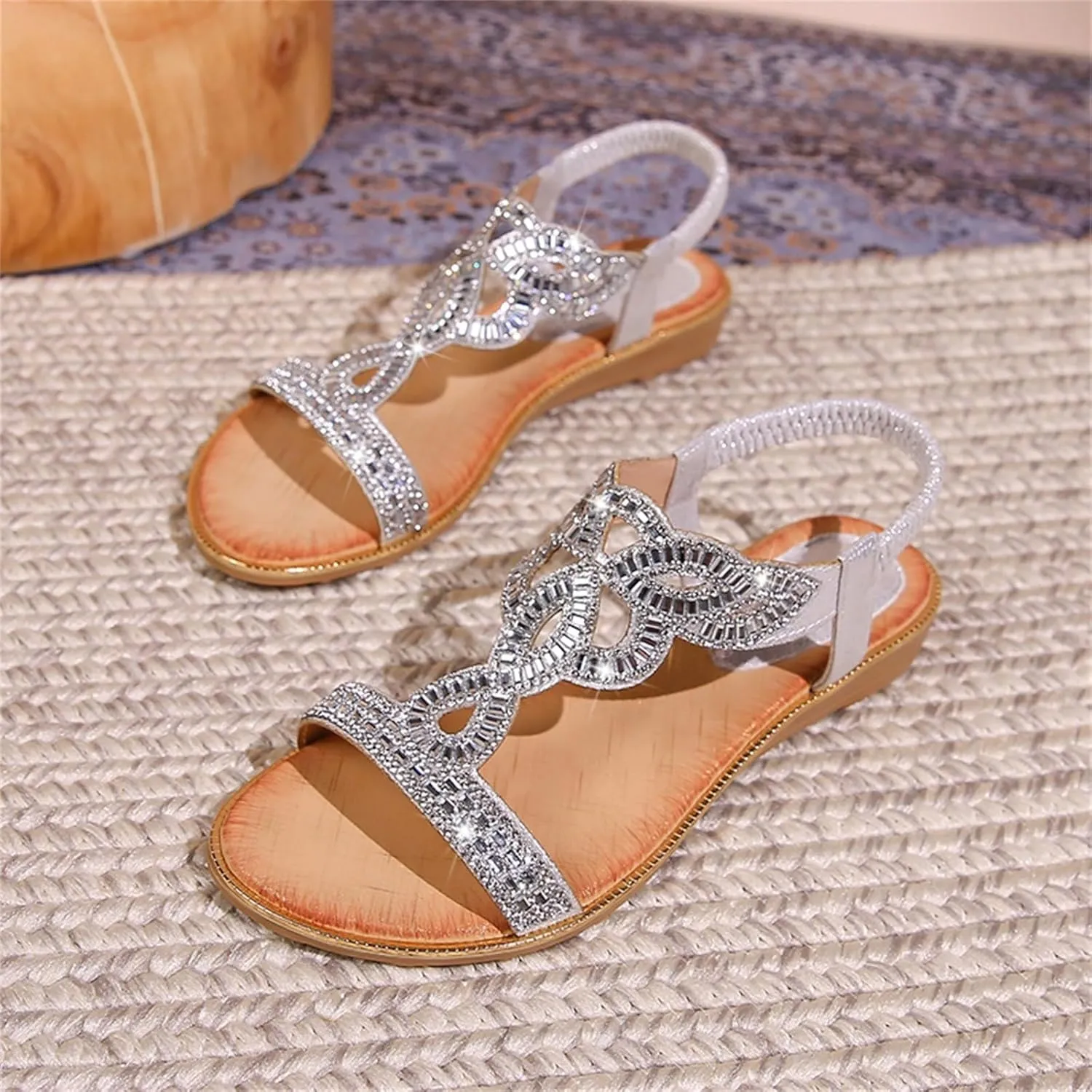 Women's Breathable Open Toe Sandals Rhinestone Open Toe Slip on Casual Sandal Comfortable Walking Flat Sandals