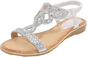 Women's Breathable Open Toe Sandals Rhinestone Open Toe Slip on Casual Sandal Comfortable Walking Flat Sandals