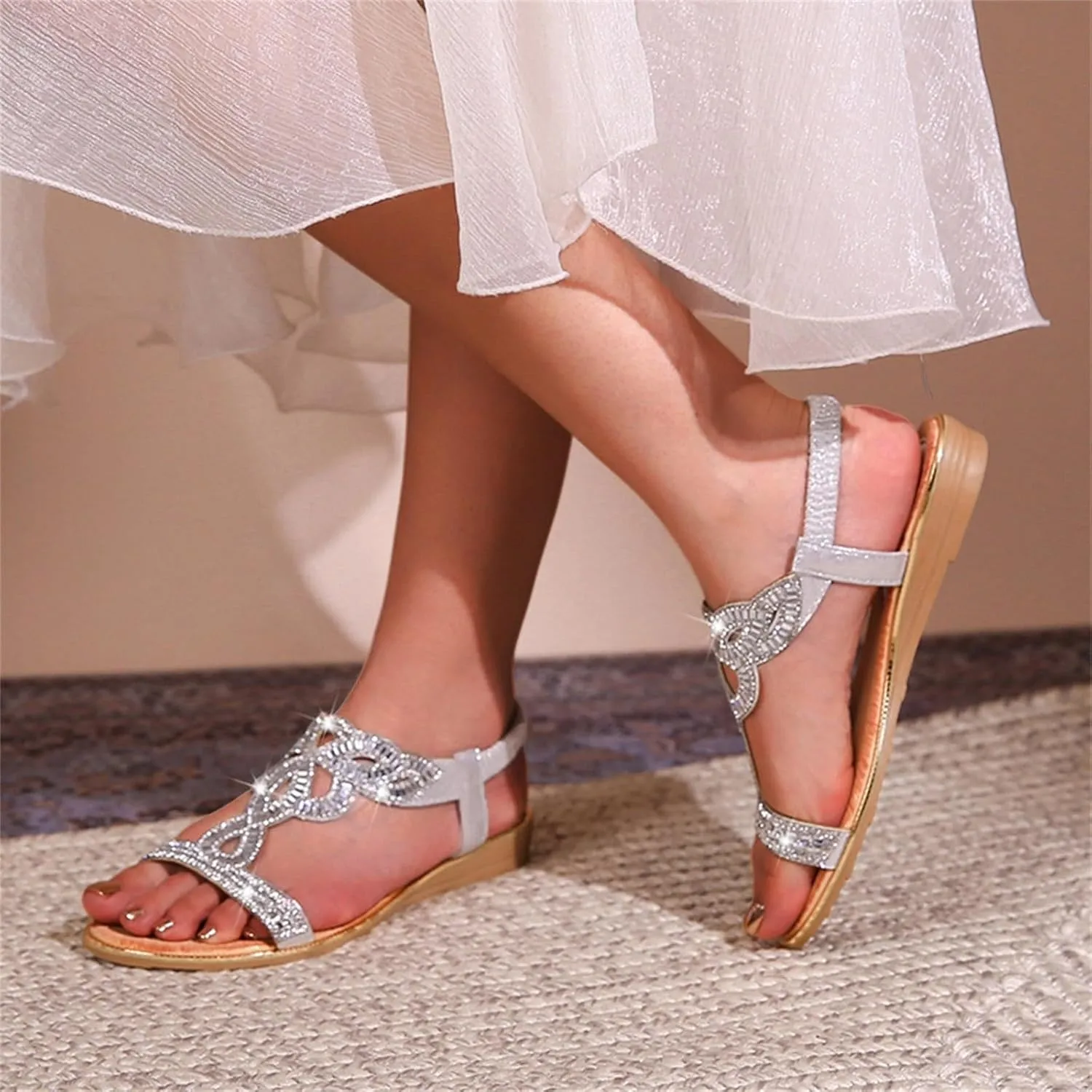 Women's Breathable Open Toe Sandals Rhinestone Open Toe Slip on Casual Sandal Comfortable Walking Flat Sandals
