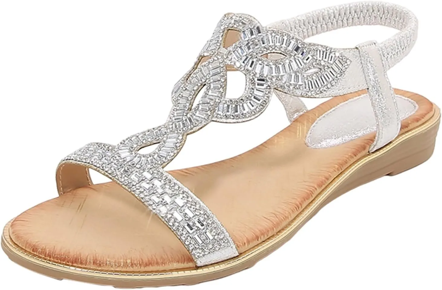 Women's Breathable Open Toe Sandals Rhinestone Open Toe Slip on Casual Sandal Comfortable Walking Flat Sandals