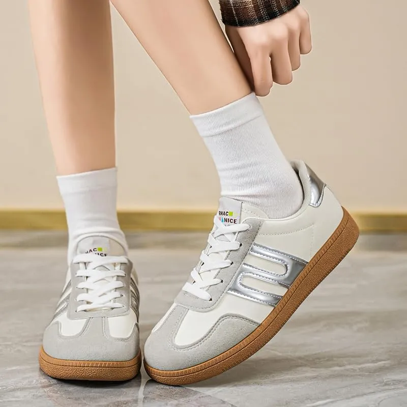 Women's Classic Retro Sneakers - Genuine Leather Casual Tennis & Skate Shoes with Gum Sole, Anti-Slip Walking Trainers