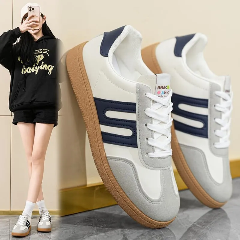 Women's Classic Retro Sneakers - Genuine Leather Casual Tennis & Skate Shoes with Gum Sole, Anti-Slip Walking Trainers