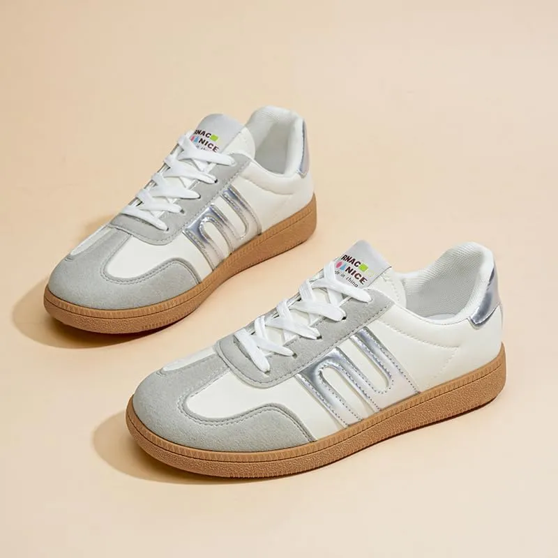 Women's Classic Retro Sneakers - Genuine Leather Casual Tennis & Skate Shoes with Gum Sole, Anti-Slip Walking Trainers