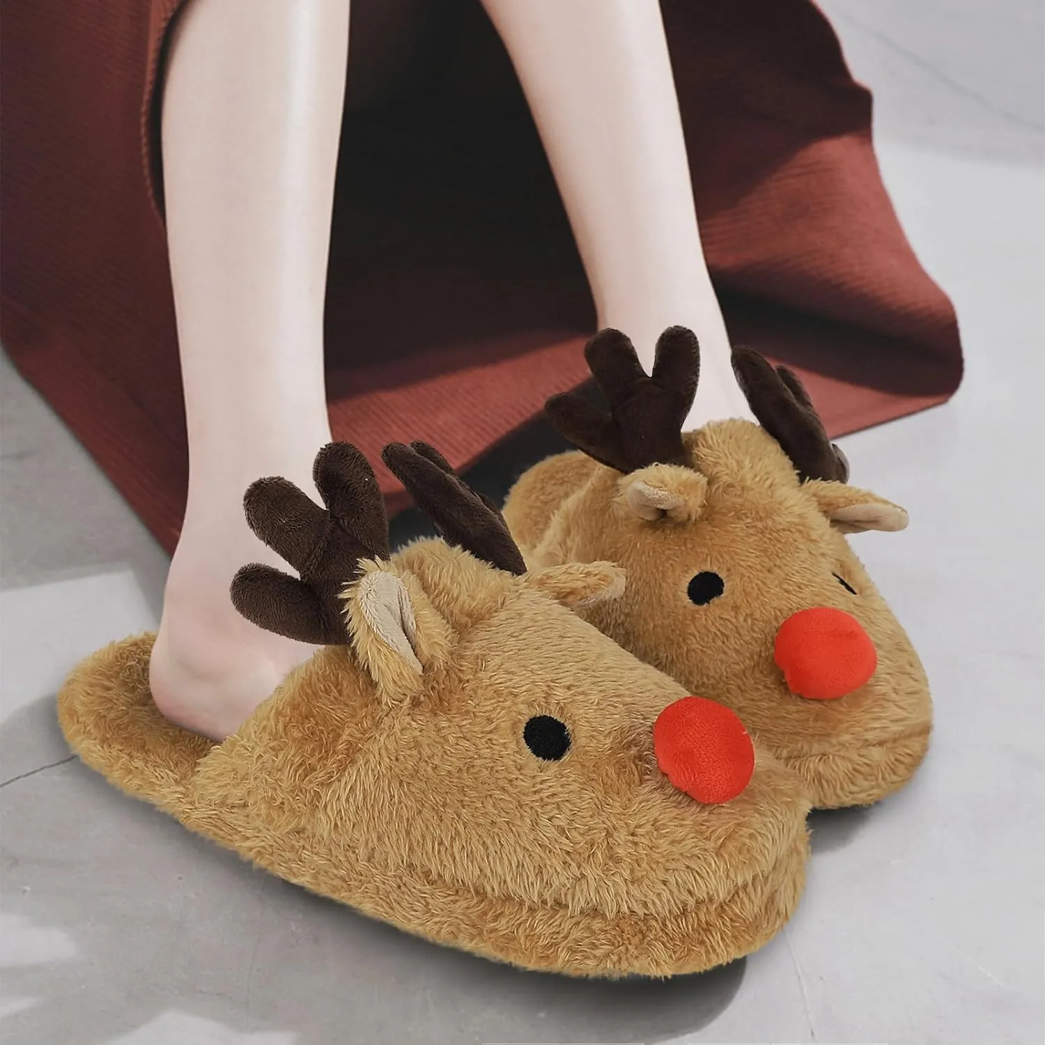Womens Cute Reindeer Antlers House Slippers Funny Christmas Deer Horn Ear Indoor Home Shoes Plush Fuzzy Warm Bedroom Slippers