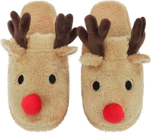 Womens Cute Reindeer Antlers House Slippers Funny Christmas Deer Horn Ear Indoor Home Shoes Plush Fuzzy Warm Bedroom Slippers