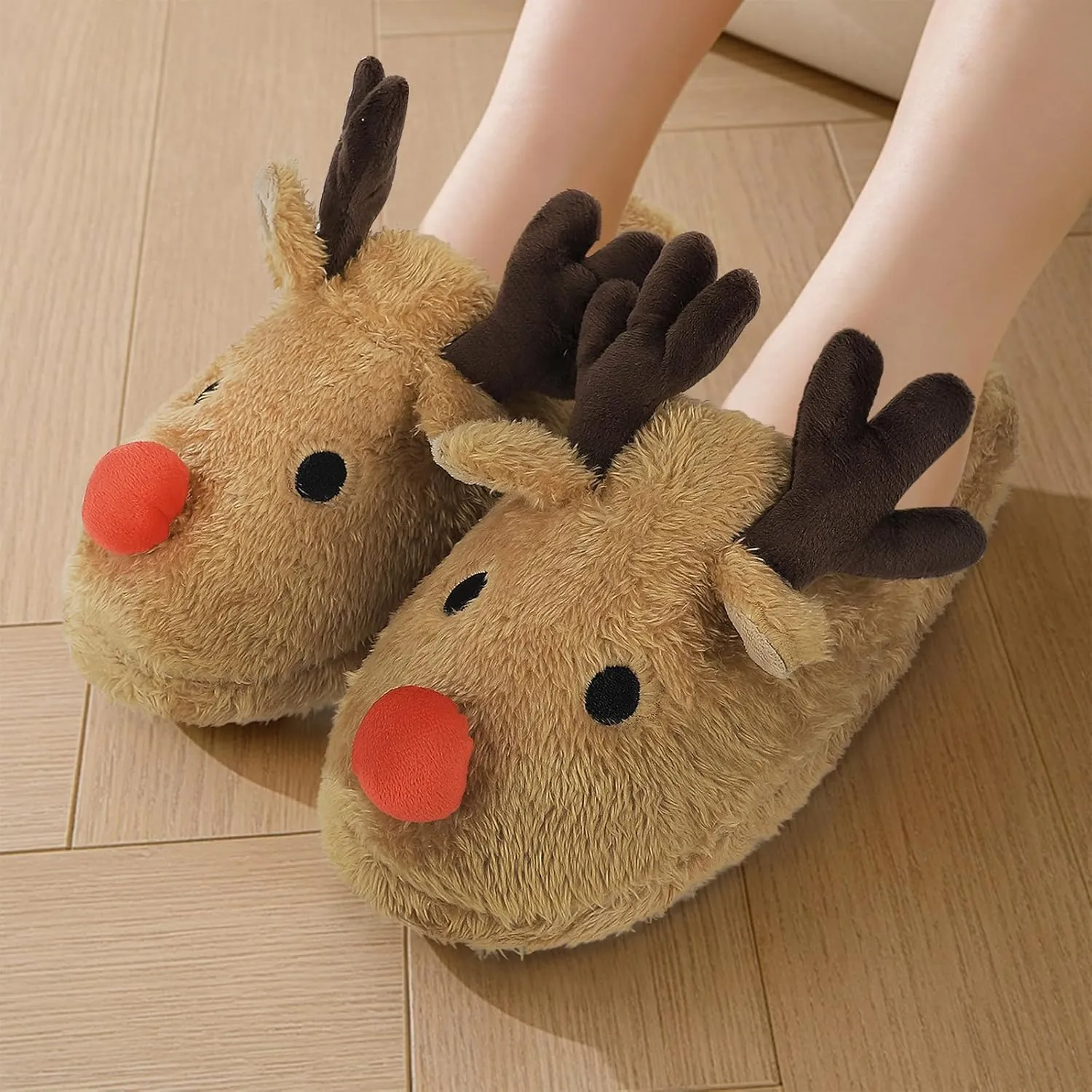 Womens Cute Reindeer Antlers House Slippers Funny Christmas Deer Horn Ear Indoor Home Shoes Plush Fuzzy Warm Bedroom Slippers