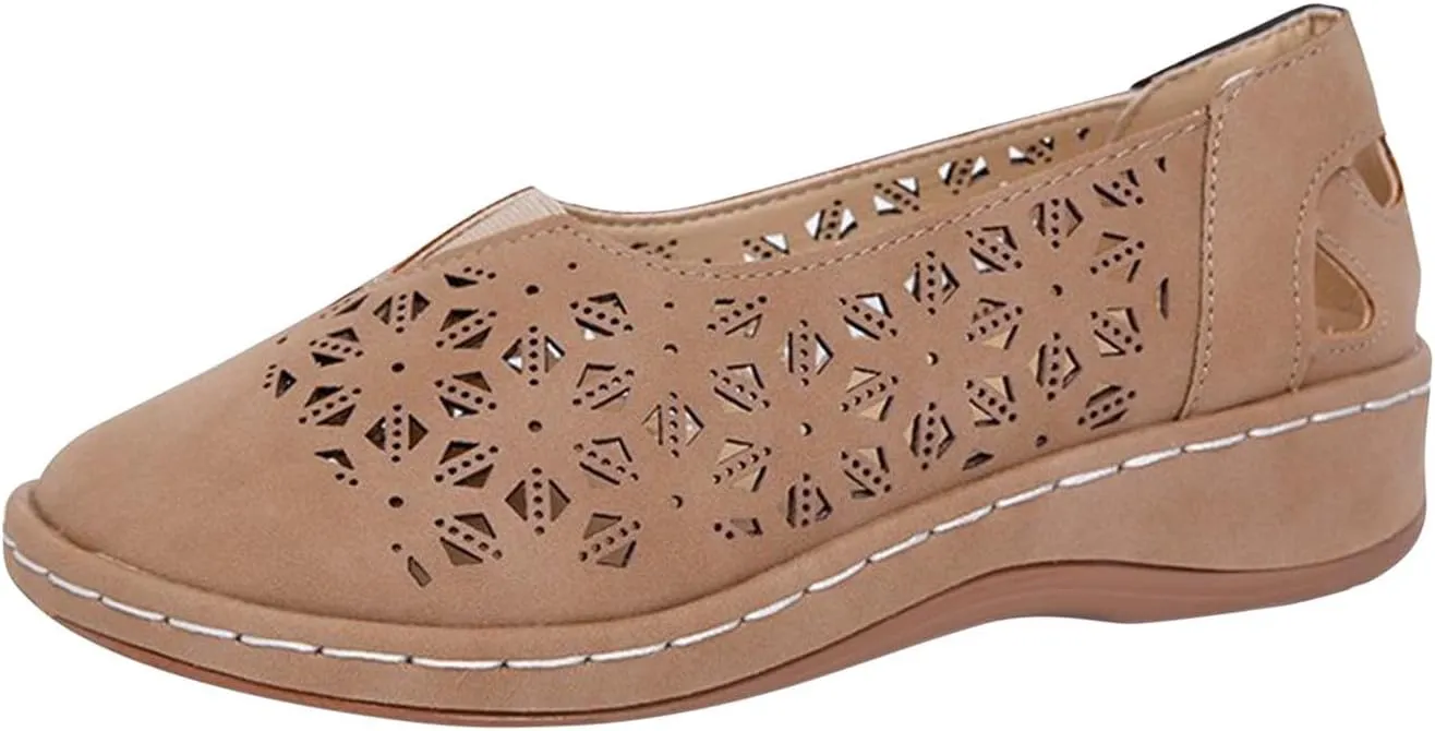 Womens Flat Sandals Slip on Platform Wedge Sandals Hollow Out Breathable Loafers, Wide Closed Toe Flat Wedges Non-Slip Orthopedic Shoes Beach Outdoor Walking Slippers