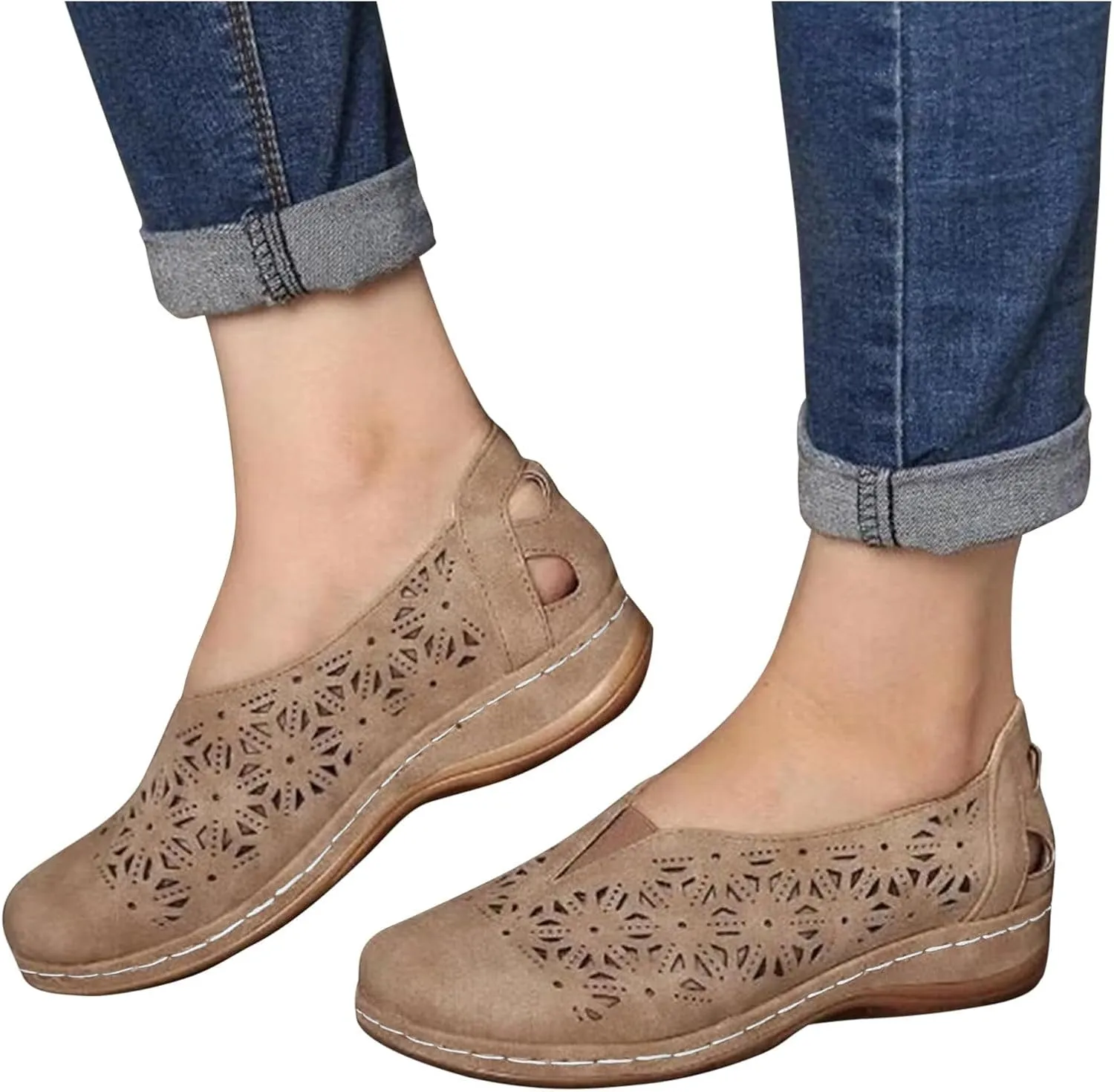 Womens Flat Sandals Slip on Platform Wedge Sandals Hollow Out Breathable Loafers, Wide Closed Toe Flat Wedges Non-Slip Orthopedic Shoes Beach Outdoor Walking Slippers