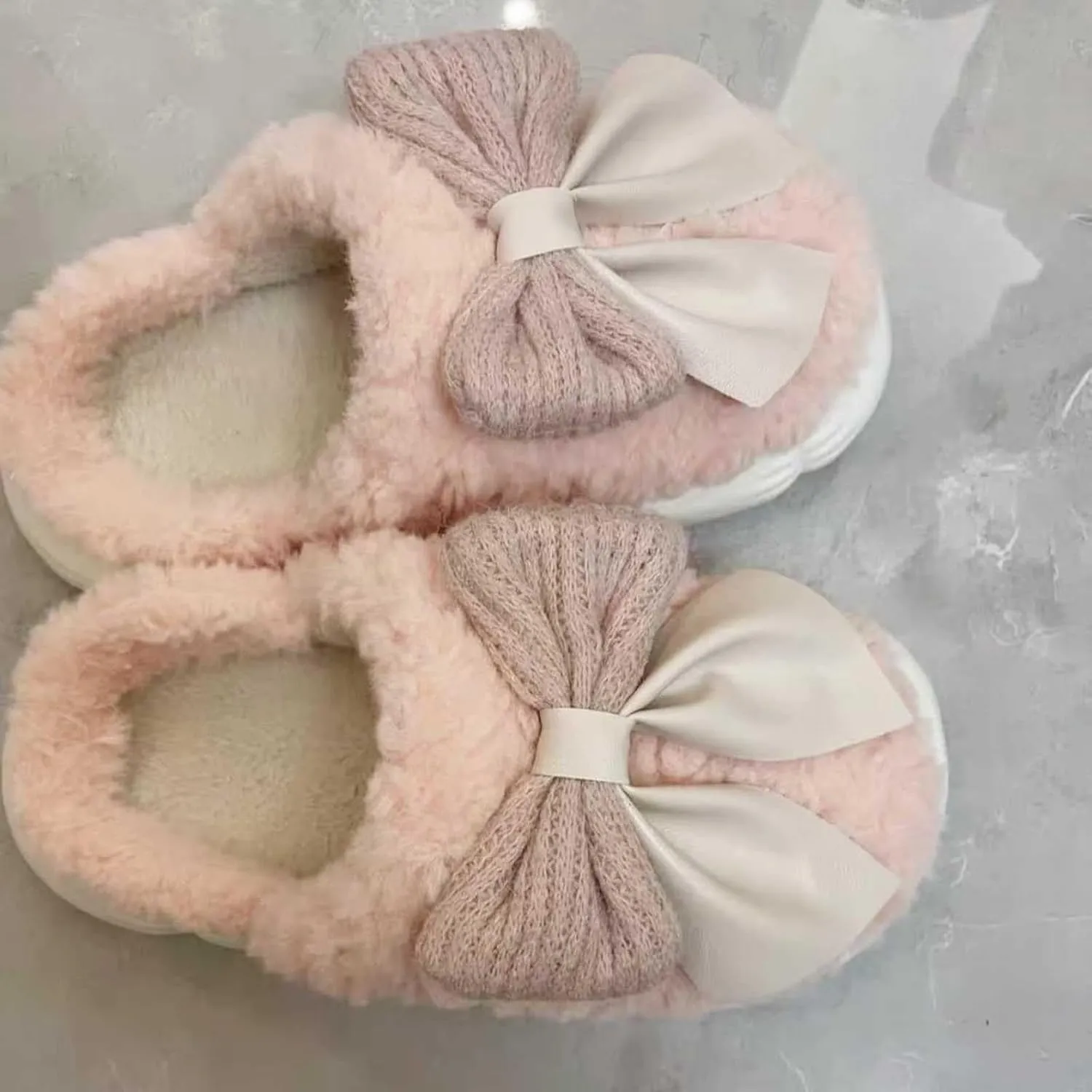 Women's Fuzzy House Slippers Fuzzy Bow Fall Winter Elegant Cozy Shoes with Faux Pelt Liner Plush Warm Slippers