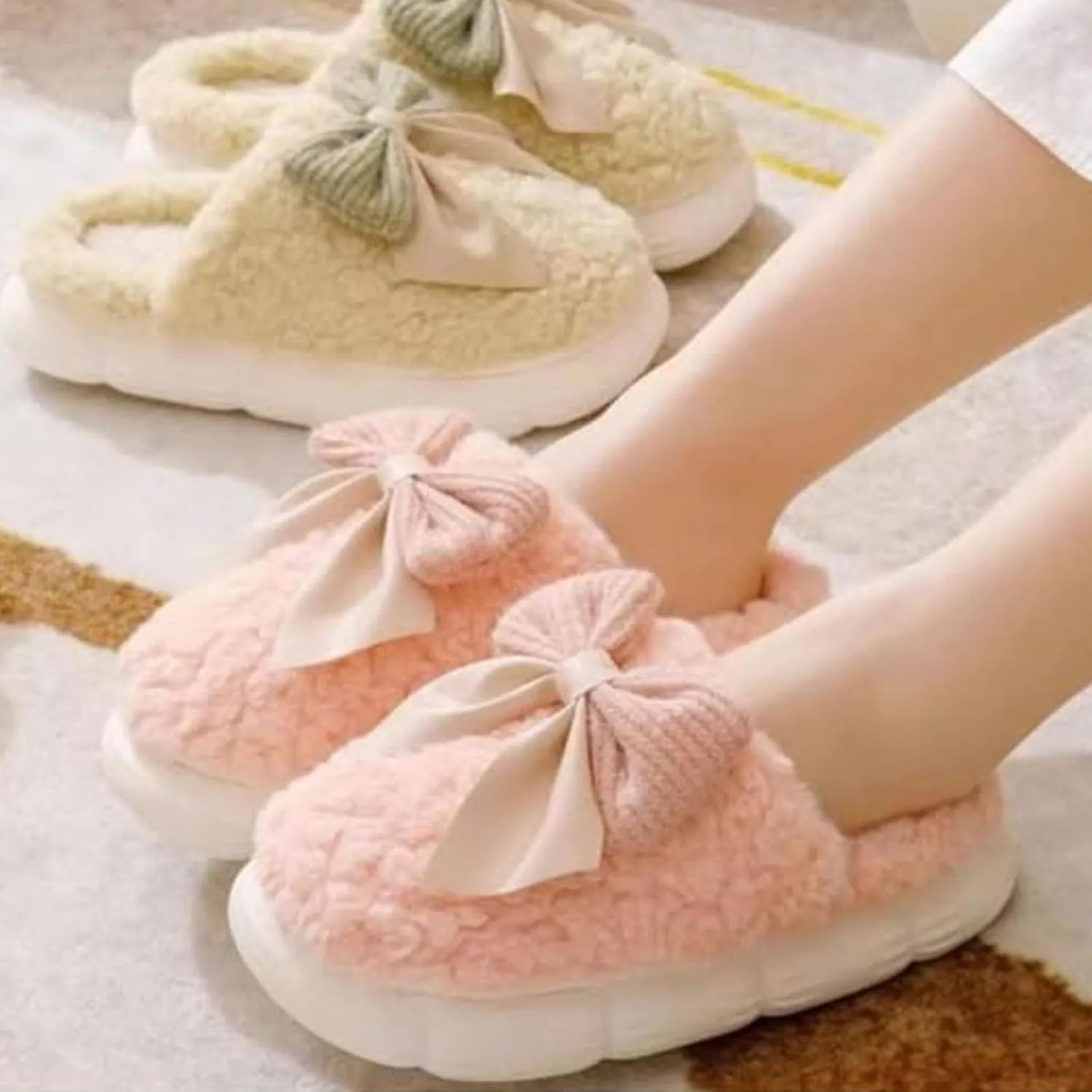 Women's Fuzzy House Slippers Fuzzy Bow Fall Winter Elegant Cozy Shoes with Faux Pelt Liner Plush Warm Slippers