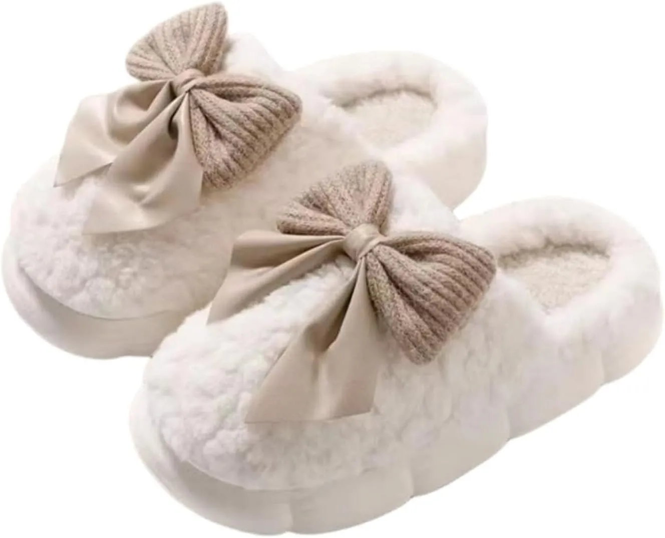 Women's Fuzzy House Slippers Fuzzy Bow Fall Winter Elegant Cozy Shoes with Faux Pelt Liner Plush Warm Slippers