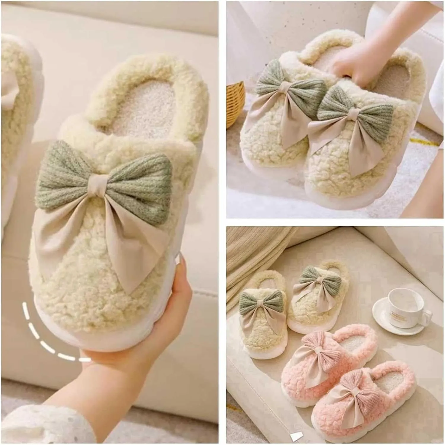 Women's Fuzzy House Slippers Fuzzy Bow Fall Winter Elegant Cozy Shoes with Faux Pelt Liner Plush Warm Slippers