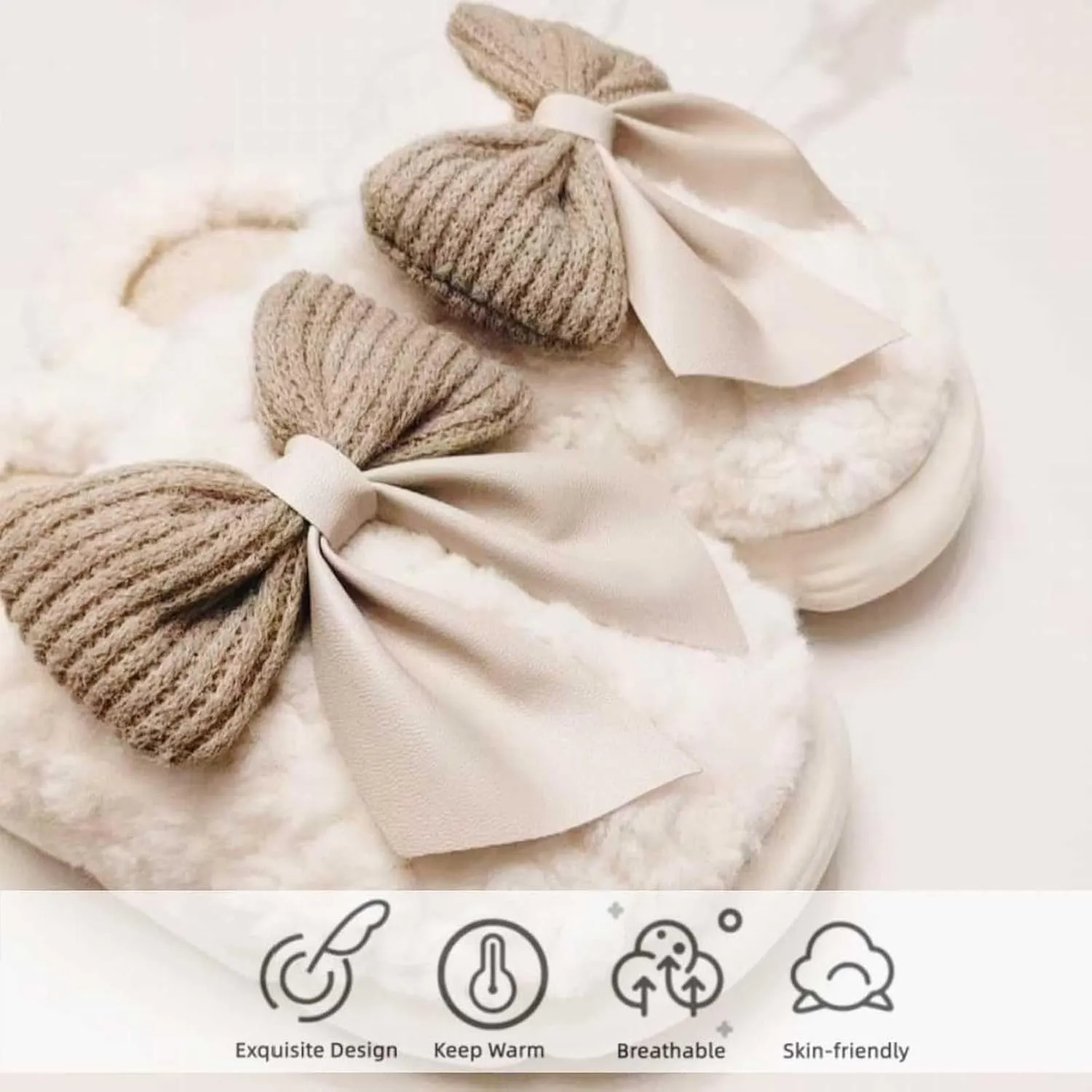 Women's Fuzzy House Slippers Fuzzy Bow Fall Winter Elegant Cozy Shoes with Faux Pelt Liner Plush Warm Slippers