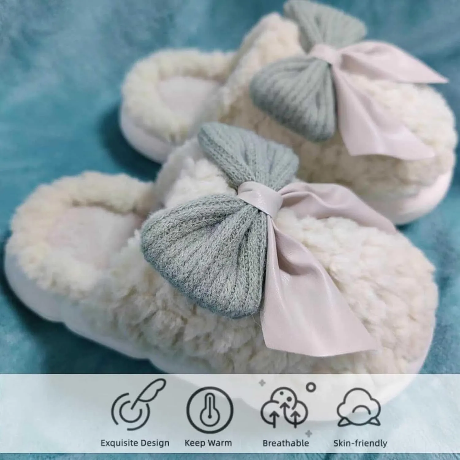 Women's Fuzzy House Slippers Fuzzy Bow Fall Winter Elegant Cozy Shoes with Faux Pelt Liner Plush Warm Slippers